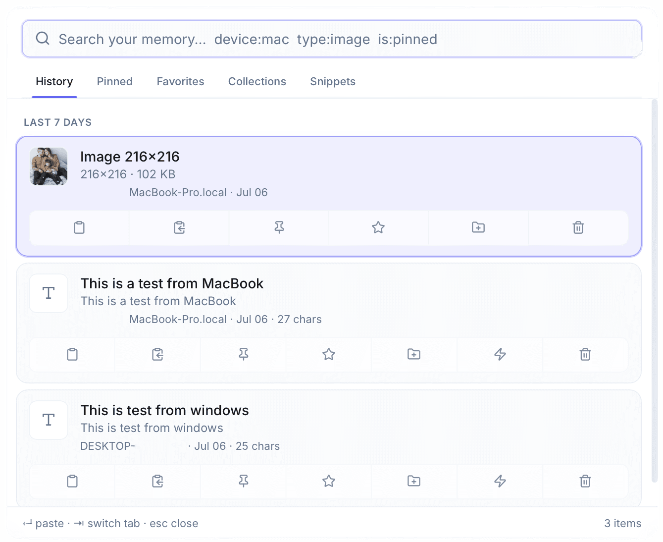 Memorafy Quick Paste overlay showing clipboard search